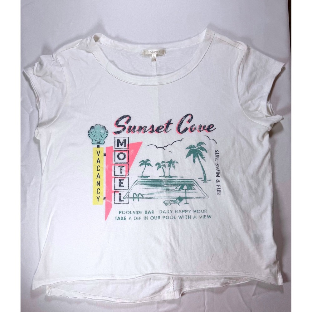Z Supply Sunset Cove Motel Graphic Tee White Cotton Retro Beach T-Shirt